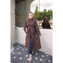 İmaj Butik Kahverengi Yırtmaçlı Şal Detaylı Uzun Tunik