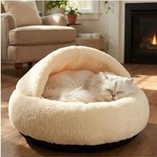 Orvessa Yarı Açık Yuvarlak Peluş Pet Yatak, Kaymaz Taban ve Konfor Sağlar Kedi ve Köpek Yatağı