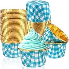 Maxi Trendy Muffin Kek Kapsülü Kare Desenli Mavi-Altın 25LI