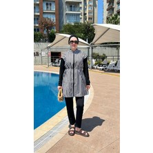 Moda Yağmur Çizgili Tesettür Mayo Siyah Beyaz