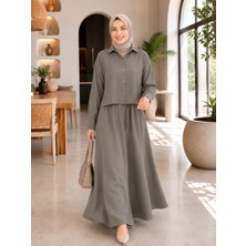Esra Butik Haki Renk - Ince Modal Kumaş Ceketli Jile Elbise Takımı – 2 Parça Tesettür Kombin