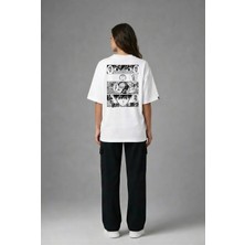 Posh Cabal A03007 Baskılı Oversize Beyaz Kadın T-Shirt
