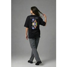 Posh Cabal A01098 Baskılı Oversize Siyah Kadın T-Shirt