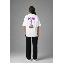 Posh Cabal A02077 Baskılı Oversize Beyaz Kadın T-Shirt