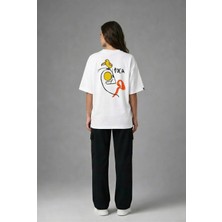Posh Cabal A03024 Baskılı Oversize Beyaz Kadın T-Shirt