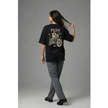 Posh Cabal A01004 Baskılı Oversize Siyah Kadın T-Shirt