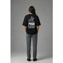 Posh Cabal A01052 Baskılı Oversize Siyah Kadın T-Shirt