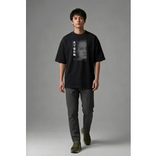 Posh Cabal F01108 Baskılı Oversize Siyah Erkek T-Shirt