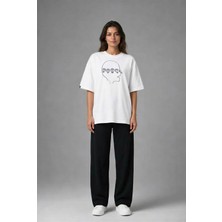 Posh Cabal F02042 Baskılı Oversize Beyaz Kadın T-Shirt