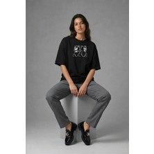 Posh Cabal F01090 Baskılı Oversize Siyah Kadın T-Shirt