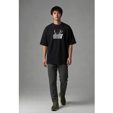 Posh Cabal F01083 Baskılı Oversize Siyah Erkek T-Shirt