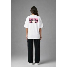 Posh Cabal A02097 Baskılı Oversize Beyaz Kadın T-Shirt