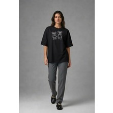 Posh Cabal F01093 Baskılı Oversize Siyah Kadın T-Shirt