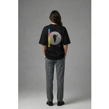 Posh Cabal A02067 Baskılı Oversize Siyah Kadın T-Shirt