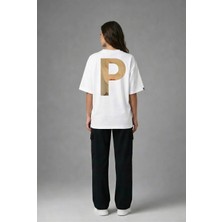 Posh Cabal A02116 Baskılı Oversize Beyaz Kadın T-Shirt