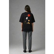 Posh Cabal A02076 Baskılı Oversize Siyah Kadın T-Shirt