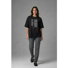 Posh Cabal F01108 Baskılı Oversize Siyah Kadın T-Shirt