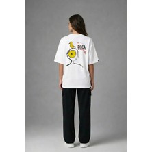 Posh Cabal A03029 Baskılı Oversize Beyaz Kadın T-Shirt