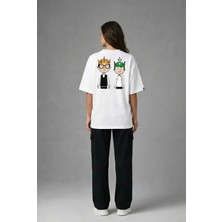 Posh Cabal A02032 Baskılı Oversize Beyaz Kadın T-Shirt
