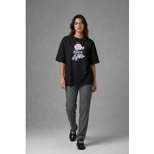 Posh Cabal F01008 Baskılı Oversize Siyah Kadın T-Shirt