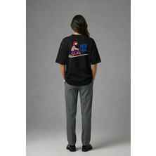 Posh Cabal A02121 Baskılı Oversize Siyah Kadın T-Shirt