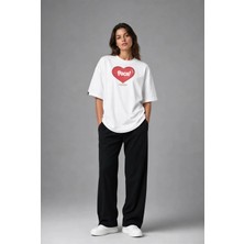 Posh Cabal F02016 Baskılı Oversize Beyaz Kadın T-Shirt