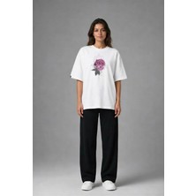 Posh Cabal F02002 Baskılı Oversize Beyaz Kadın T-Shirt
