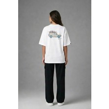 Posh Cabal A03078 Baskılı Oversize Beyaz Kadın T-Shirt