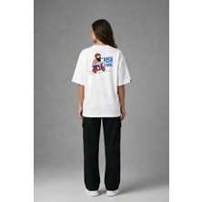 Posh Cabal A02121 Baskılı Oversize Beyaz Kadın T-Shirt