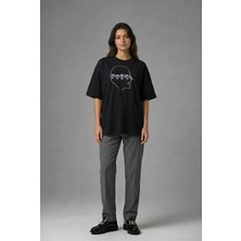 Posh Cabal F02042 Baskılı Oversize Siyah Kadın T-Shirt