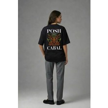 Posh Cabal A01029 Baskılı Oversize Siyah Kadın T-Shirt