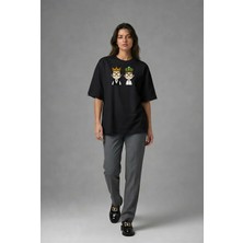 Posh Cabal F02033 Baskılı Oversize Siyah Kadın T-Shirt