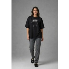 Posh Cabal F02043 Baskılı Oversize Siyah Kadın T-Shirt