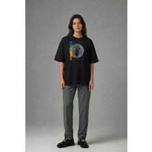 Posh Cabal F01042 Baskılı Oversize Siyah Kadın T-Shirt