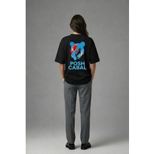 Posh Cabal A02057 Baskılı Oversize Siyah Kadın T-Shirt
