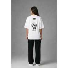 Posh Cabal A03136 Baskılı Oversize Beyaz Kadın T-Shirt