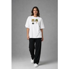 Posh Cabal F02033 Baskılı Oversize Beyaz Kadın T-Shirt