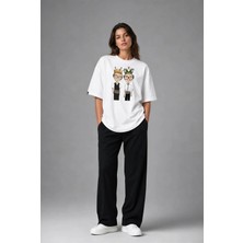 Posh Cabal F02036 Baskılı Oversize Beyaz Kadın T-Shirt