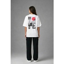 Posh Cabal A02139 Baskılı Oversize Beyaz Kadın T-Shirt