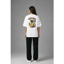 Posh Cabal A02086 Baskılı Oversize Beyaz Kadın T-Shirt