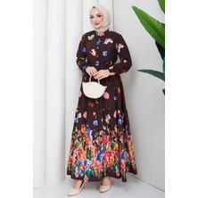 Pamuk Butik Kadın Belden Bağlamalı Tropikal Desenli Elbise -PMK571