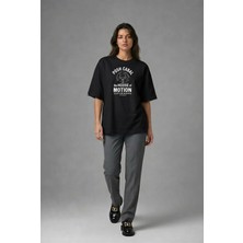 Posh Cabal F01058 Baskılı Oversize Siyah Kadın T-Shirt