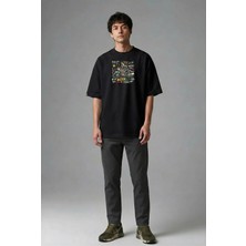Posh Cabal F01002 Baskılı Oversize Siyah Erkek T-Shirt