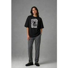 Posh Cabal F01039 Baskılı Oversize Siyah Kadın T-Shirt