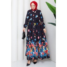 Pamuk Butik Kadın Belden Bağlamalı Tropikal Desenli Elbise -PMK571