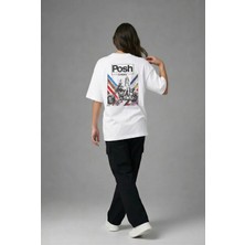Posh Cabal A03122 Baskılı Oversize Beyaz Kadın T-Shirt