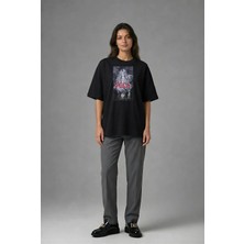 Posh Cabal F01027 Baskılı Oversize Siyah Kadın T-Shirt