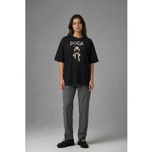Posh Cabal F01062 Baskılı Oversize Siyah Kadın T-Shirt