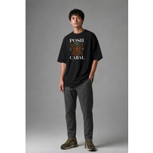 Posh Cabal F01029 Baskılı Oversize Siyah Erkek T-Shirt