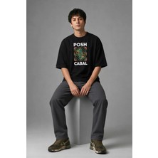 Posh Cabal F01030 Baskılı Oversize Siyah Erkek T-Shirt